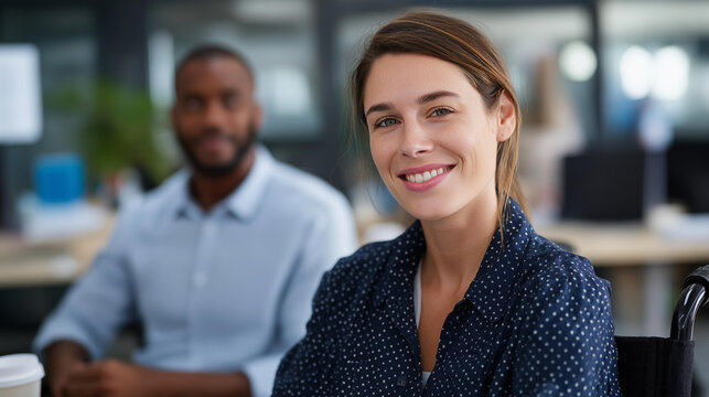 Young woman in a wheelchair collaborating with a Black male colleague on a business strategy whiteboards and coffee cups in a lively office inclusive teamwork business - Powered by Adobe