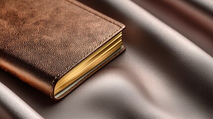 Vintage brown leather covered book with golden gilded pages placed on textured leather surface for classic literature and heritage themes.