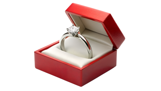 Elegant diamond ring in a red box isolated on transparent background, a symbol of love, commitment, and a timeless treasure for special occasions