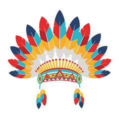 Obraz premium Colorful Native American headdress with vibrant feathers, traditional tribal chief war bonnet illustration.