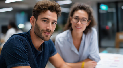 Young Hispanic man and Caucasian woman brainstorming a project papers spread across a glass table their office alive with creative energy business project collaboration office