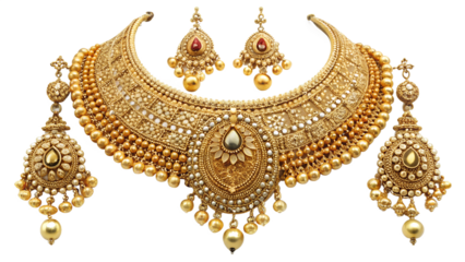 Gorgeous gold necklace and earring set isolated on transparent background, showcasing intricate details of indian jewelry artistry and opulence