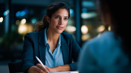 Fototapeta premium Over the shoulder view of a Hispanic HR manager listening intently to a young female job applicant her notepad ready office softly lit HR interview job applicant discussion