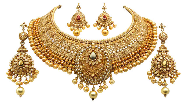 Gorgeous gold necklace and earring set isolated on transparent background, showcasing intricate details of indian jewelry artistry and opulence