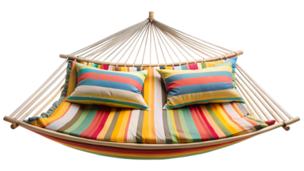 Vibrant striped hammock with soft pillows isolated on transparent background, offering a cozy and inviting space for relaxation and outdoor enjoyment
