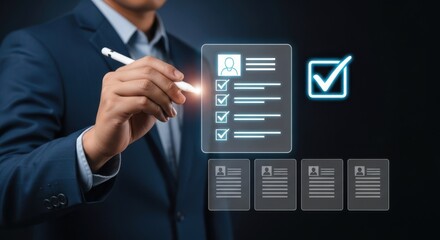 Businessman checking off items on a digital checklist with a pen, representing task completion and success