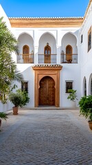 Elegant courtyard serene retreat with ornate wooden door