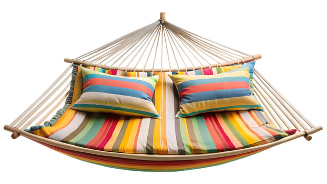 Vibrant striped hammock with soft pillows isolated on transparent background, offering a cozy and inviting space for relaxation and outdoor enjoyment