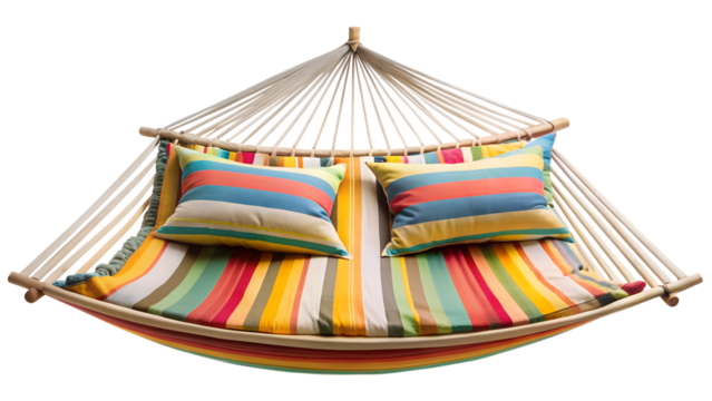 Vibrant striped hammock with soft pillows isolated on transparent background, offering a cozy and inviting space for relaxation and outdoor enjoyment