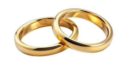 Two intertwined gold wedding ring isolated on transparent background, symbolizing love, commitment, and eternal bond, perfect for wedding and engagement themes