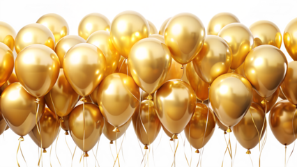 Elegant bunch of golden balloons isolated on transparent background, ideal for festive events, adding a touch of glamour and celebration to any occasion