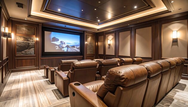 Luxurious home theater with dark wood paneling, plush leather seating, and a large screen