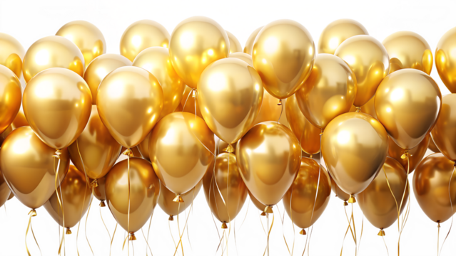Elegant bunch of golden balloons isolated on transparent background, ideal for festive events, adding a touch of glamour and celebration to any occasion