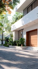 Modern luxury home with lush greenery and wood accents