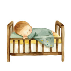 Watercolor Illustration of a Sleeping Baby in a Wooden Crib Peaceful Naptime