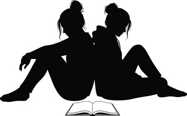 Silhouette of Two Girls Sitting Back-to-Back with Book, Friendship, Study, or Conflict Concept in Vector Art Style