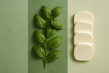Fresh Basil Sprig and Mozzarella Cheese Slices Flat Lay on Two-Tone Green Background