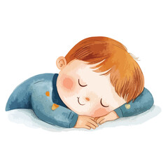 Watercolor Illustration of a Sleeping Boy with Auburn Hair in Blue Pajamas