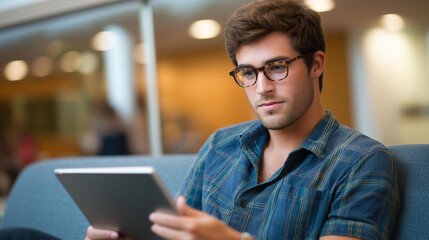 Young Hispanic man in glasses working on a digital tablet while lounging on an office couch his workspace modern and airy tablet office work Hispanic professional modern