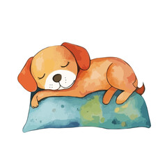 Watercolor Illustration of a Sleepy Dog on a Soft Pillow