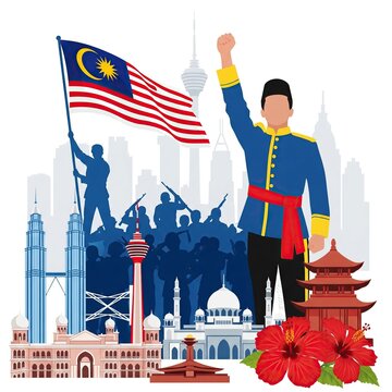 Illustration of man in traditional attire raising fist with Malaysia flag and landmarks background