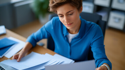 High angle shot of a Caucasian HR specialist with short hair sorting through CVs at her desk her office sleek and organized resume sorting HR professional modern workplace