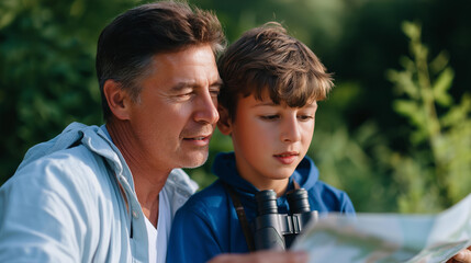 Middle aged man and boy studying a map outdoors binoculars around the boy’s neck greenery vibrant navigation planning father son bonding outdoor adventure nature learning