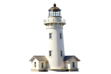 A white lighthouse with a lantern room, isolated on transparent background, standing tall as a beacon of guidance and safety for ships at sea