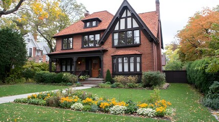 Charming brick home with vibrant autumn garden