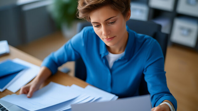 High angle shot of a Caucasian HR specialist with short hair sorting through CVs at her desk her office sleek and organized resume sorting HR professional modern workplace