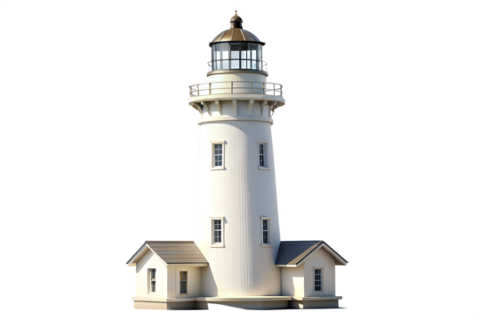 A white lighthouse with a lantern room, isolated on transparent background, standing tall as a beacon of guidance and safety for ships at sea