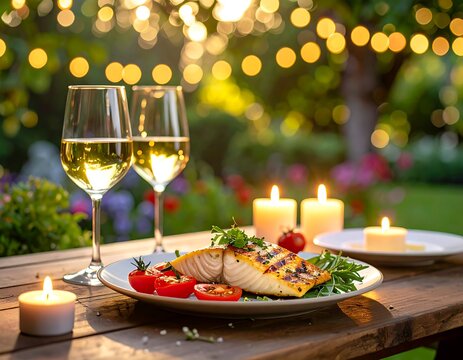 Romantic candlelit dinner featuring grilled salmon and white wine set on a wooden table in a beautiful garden at dusk