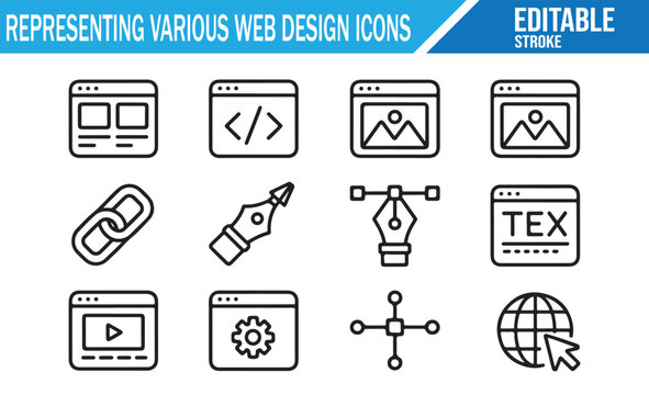 Modern outline icons for web development, design, and digital platforms