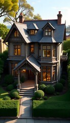 Elegant Victorian home bathed in warm evening light