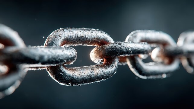 Closeup of heavy metal chain links with frost detail on dark background for strength, security, and durability concept visuals.


