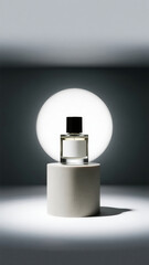An elegance perfume bottle sitting on a pedestal under a spotlight glow