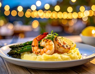 An elegant plate of succulent grilled shrimp with asparagus on mashed potatoes, perfect for a romantic alfresco dinner under string lights