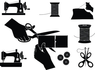 Silhouette vector of sewing tools including machine, scissors, thread spools, buttons, and fabric cutting for tailoring and DIY crafts.