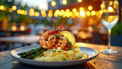 Gourmet plate of grilled shrimp with creamy mashed potatoes and asparagus, paired with white wine in a cozy restaurant