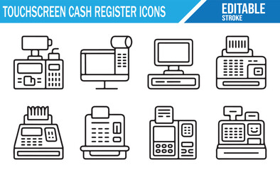 Editable stroke cash register symbols for checkout, sales, and electronic shop devices