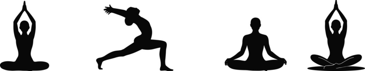 Yoga pose silhouette vector set with women meditating and stretching in various seated and standing yoga positions for wellness design.