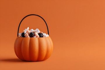 Pumpkin basket of Halloween candy on orange background Generative AI