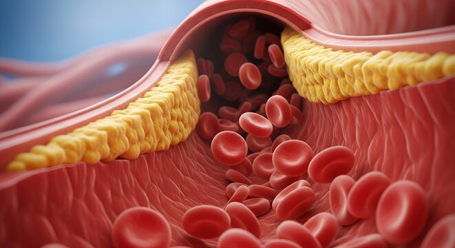 Close up of artery wall with cholesterol plaque and flowing red blood cells