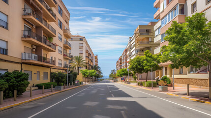 Obraz premium Generic stock image of a residential urban street with apartment buildings, balconies, asphalt road and sidewalks, created for real estate and housing use in southern Europe. Not a specific location. 