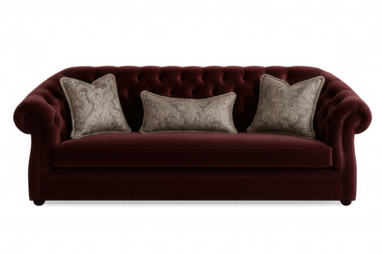 Classic chesterfield sofa with deep button tufting, luxe red velvet covering, elegant cushions defining sophisticated living room decor
