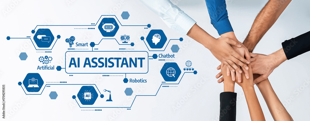 Aufkleber a diverse group of hands joining together symbolizes teamwork in ai assistant development, surrounde