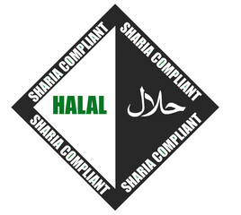 Halal certification stamp design with English text on one side and Arabic text on the other, symbolizing authenticity, trust, and Sharia-compliant food and products. sharia compliant text in outline