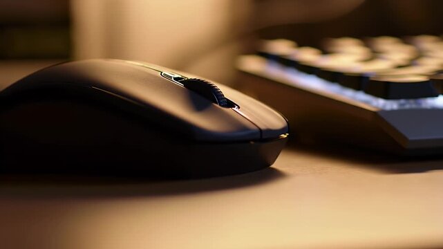 Black Computer Mouse And Keyboard With White Backlight On Tan Wooden Desk