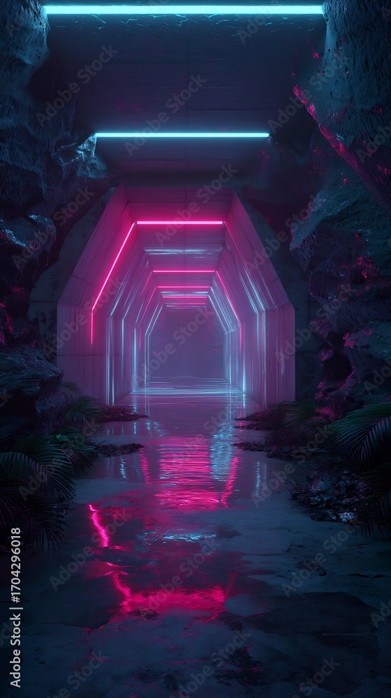 Poster a mesmerizing tunnel illuminated by vibrant neon lights, casting reflections on the water, creating 