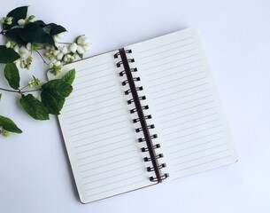 Blank notebook and jasmine flowers on a white background.